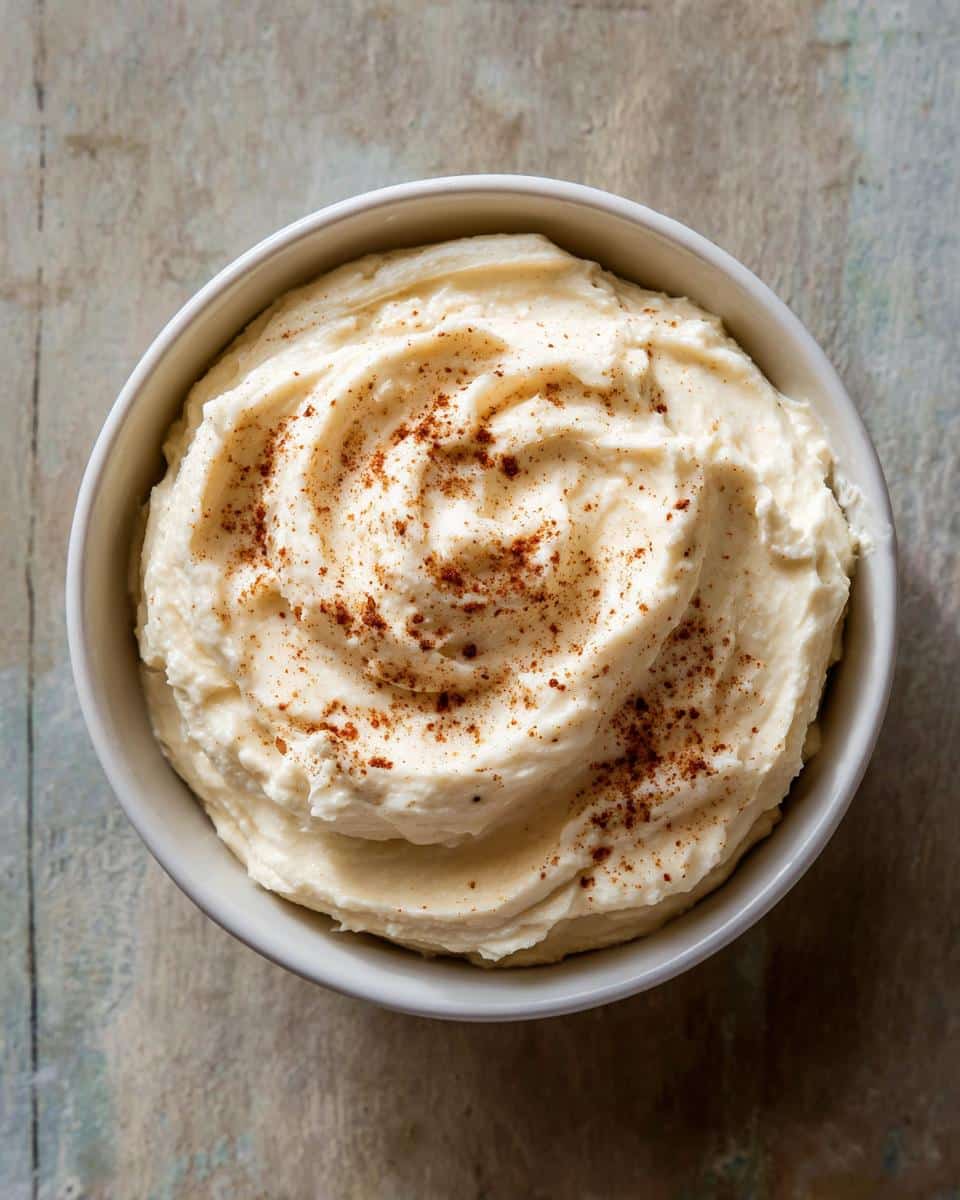 Overhead shot of a bowl of creamy homemade mayonnaise from hard boiled eggs, sprinkled with paprika.