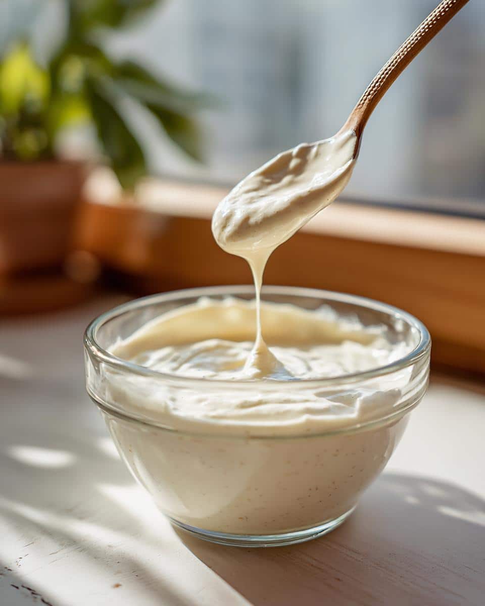 Creamy homemade mayonnaise recipe avocado oil being drizzled from a wooden spoon into a glass bowl.