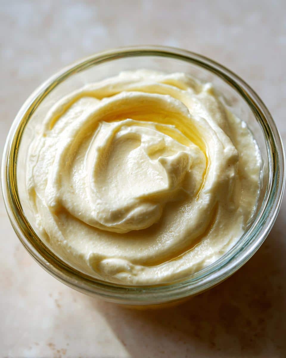 Close-up of homemade mayonnaise recipe avocado oil in a clear glass bowl, creamy texture visible.