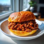 A delicious homemade sloppy joes easy healthy sandwich on a white plate, ready to eat.