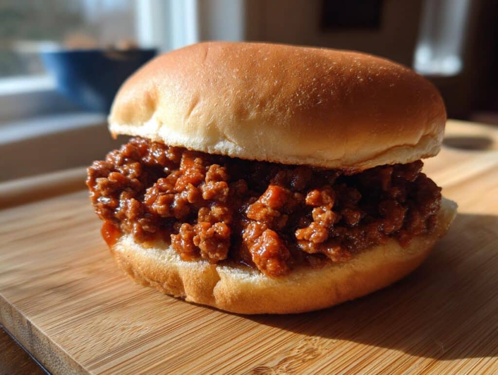 A juicy homemade sloppy joes easy healthy sandwich on a bun, sitting on a wooden board.