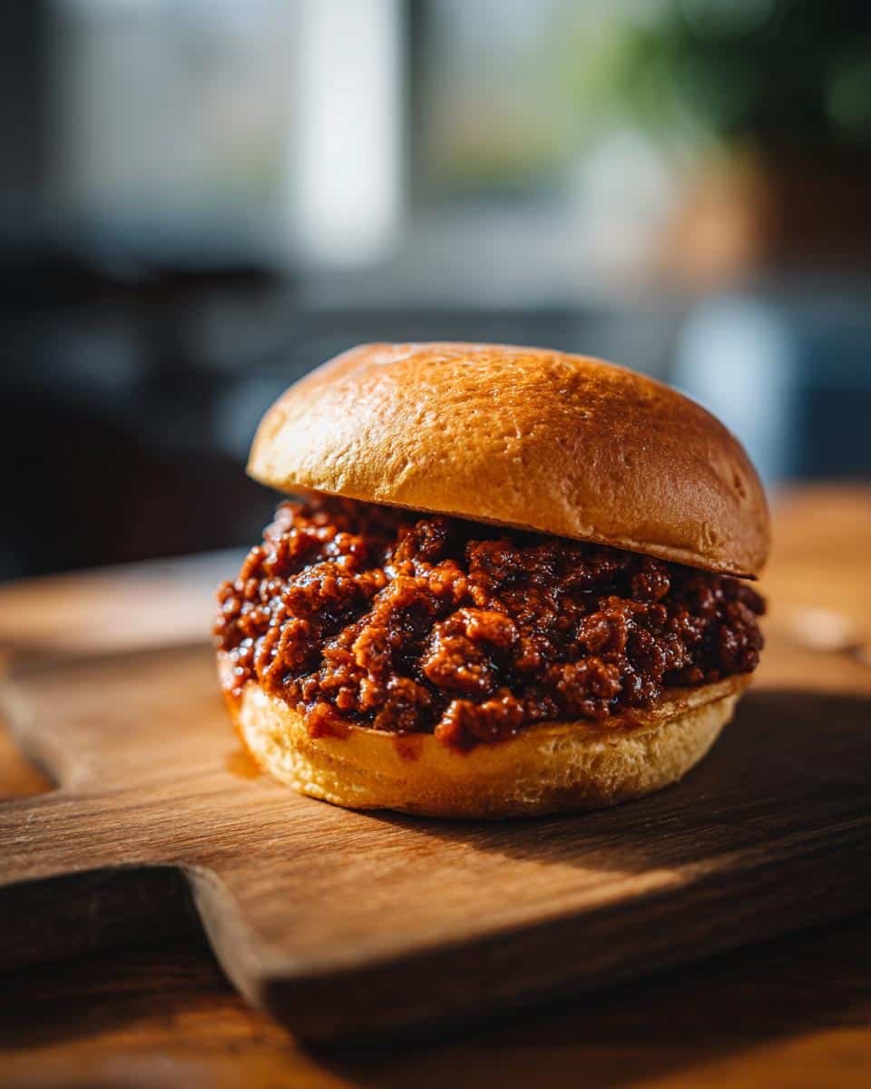 A delicious homemade sloppy joes easy healthy sandwich on a wooden board, ready to eat.