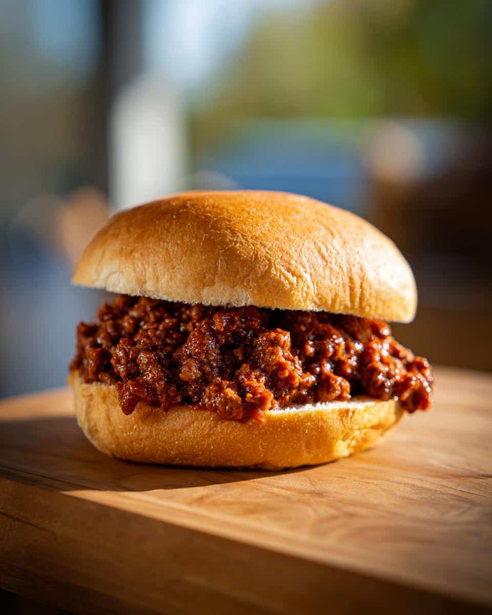 A delicious homemade sloppy joes easy healthy sandwich on a wooden board, ready to eat.