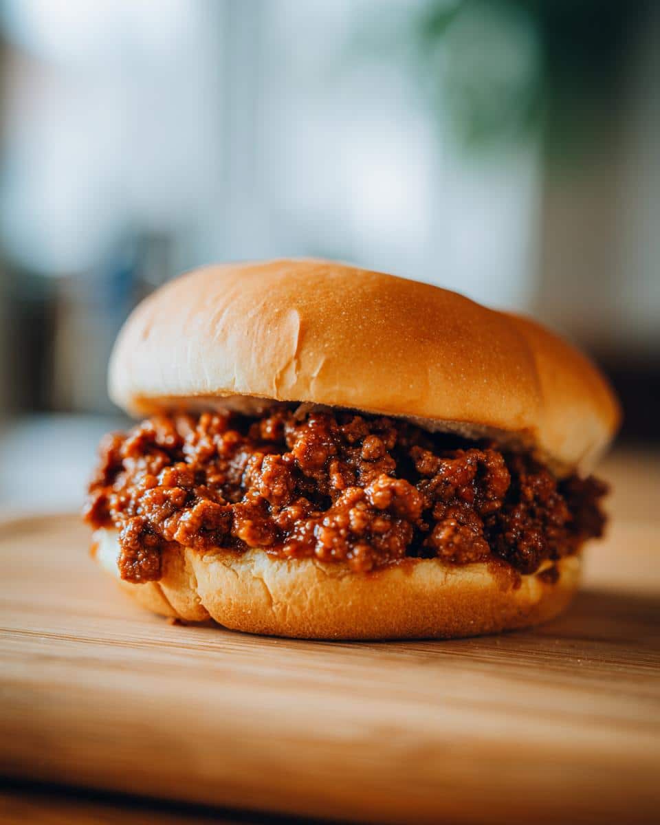 A delicious homemade sloppy joes easy healthy sandwich on a wooden board, ready to eat.