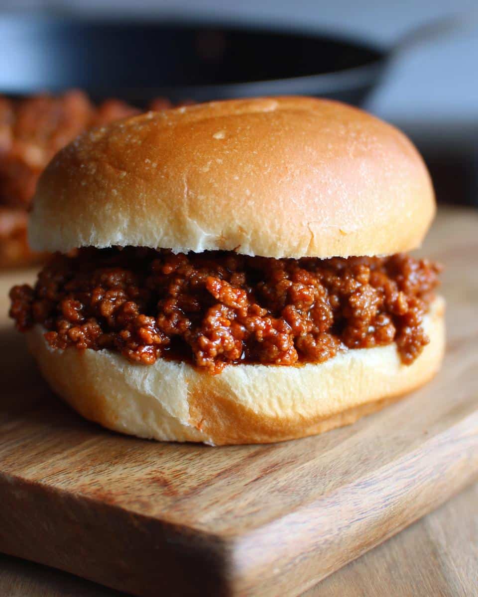 A delicious homemade sloppy joes easy healthy sandwich on a bun, served on a wooden board.
