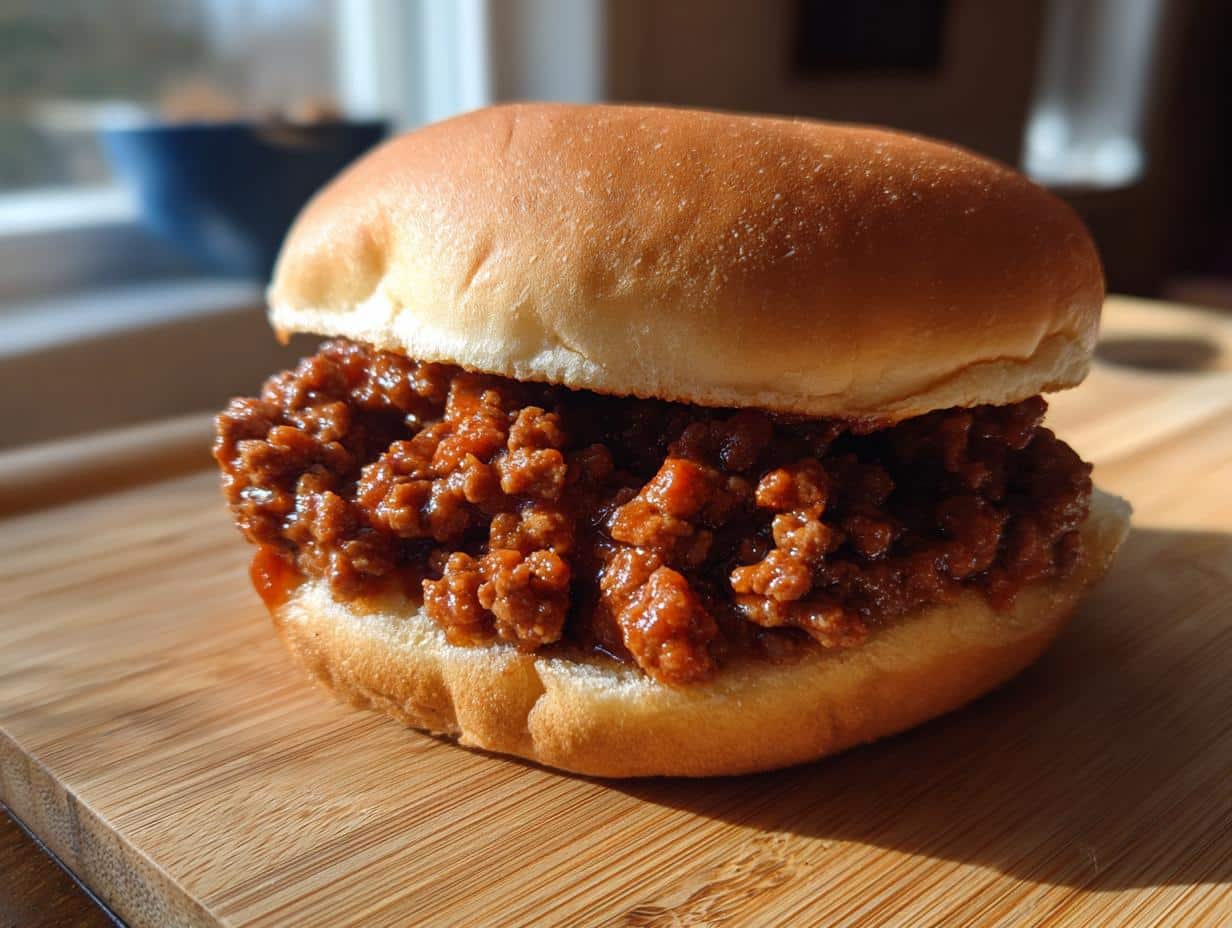 A juicy homemade sloppy joes easy healthy sandwich on a bun, sitting on a wooden board.