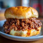 A delicious homemade sloppy joes with tomato sauce, overflowing from a soft bun on a plate.