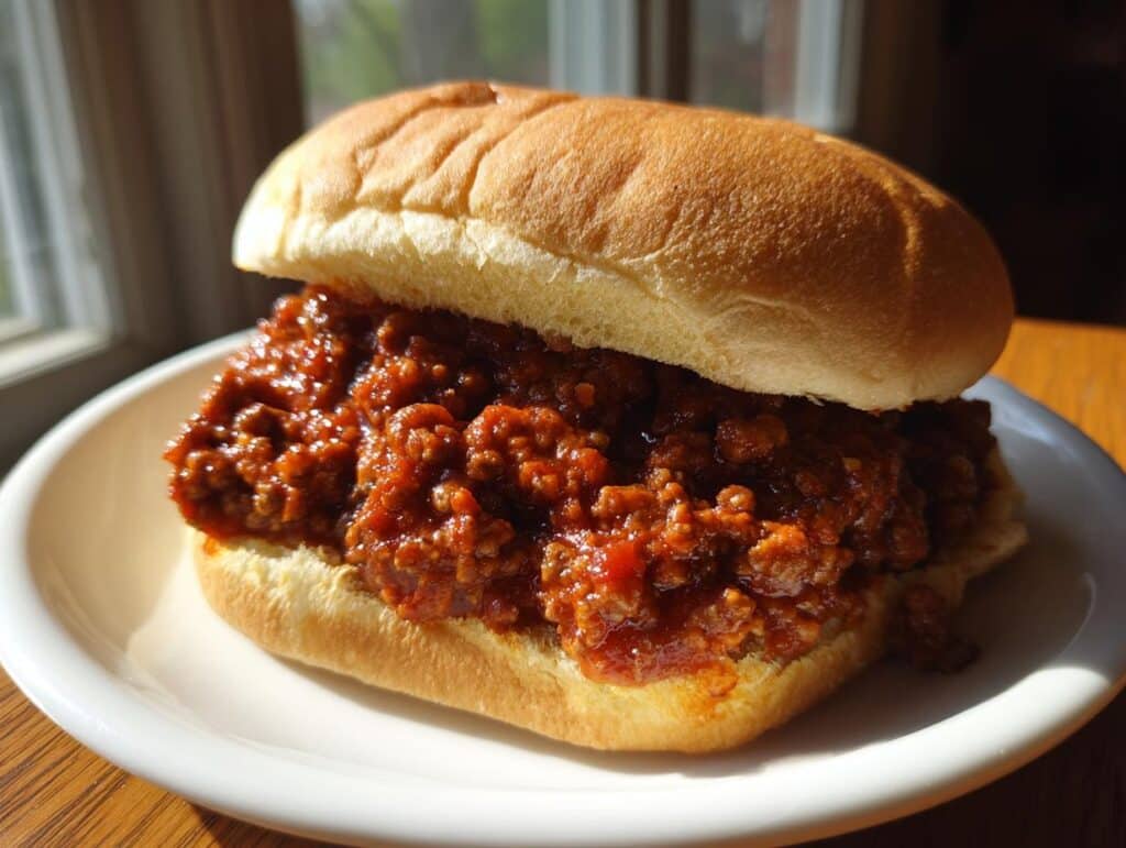 A delicious homemade sloppy joes with tomato sauce, served on a bun on a white plate.
