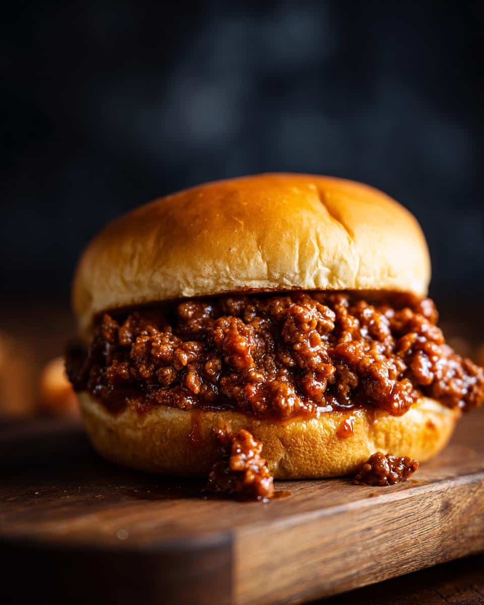 A delicious homemade sloppy joe with tomato sauce, overflowing from a soft bun on a wooden board.