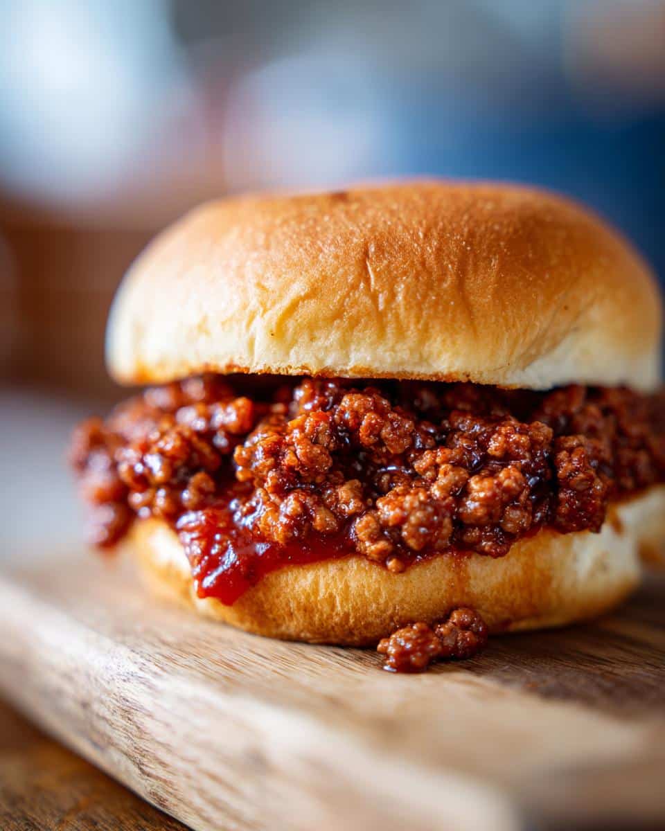 Close-up of a delicious homemade sloppy joes with tomato sauce on a wooden board.