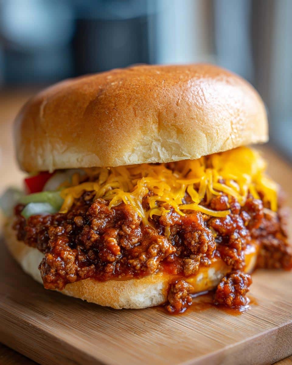 A close-up of homemade sloppy joes with tomato sauce, topped with shredded cheese on a wooden board.