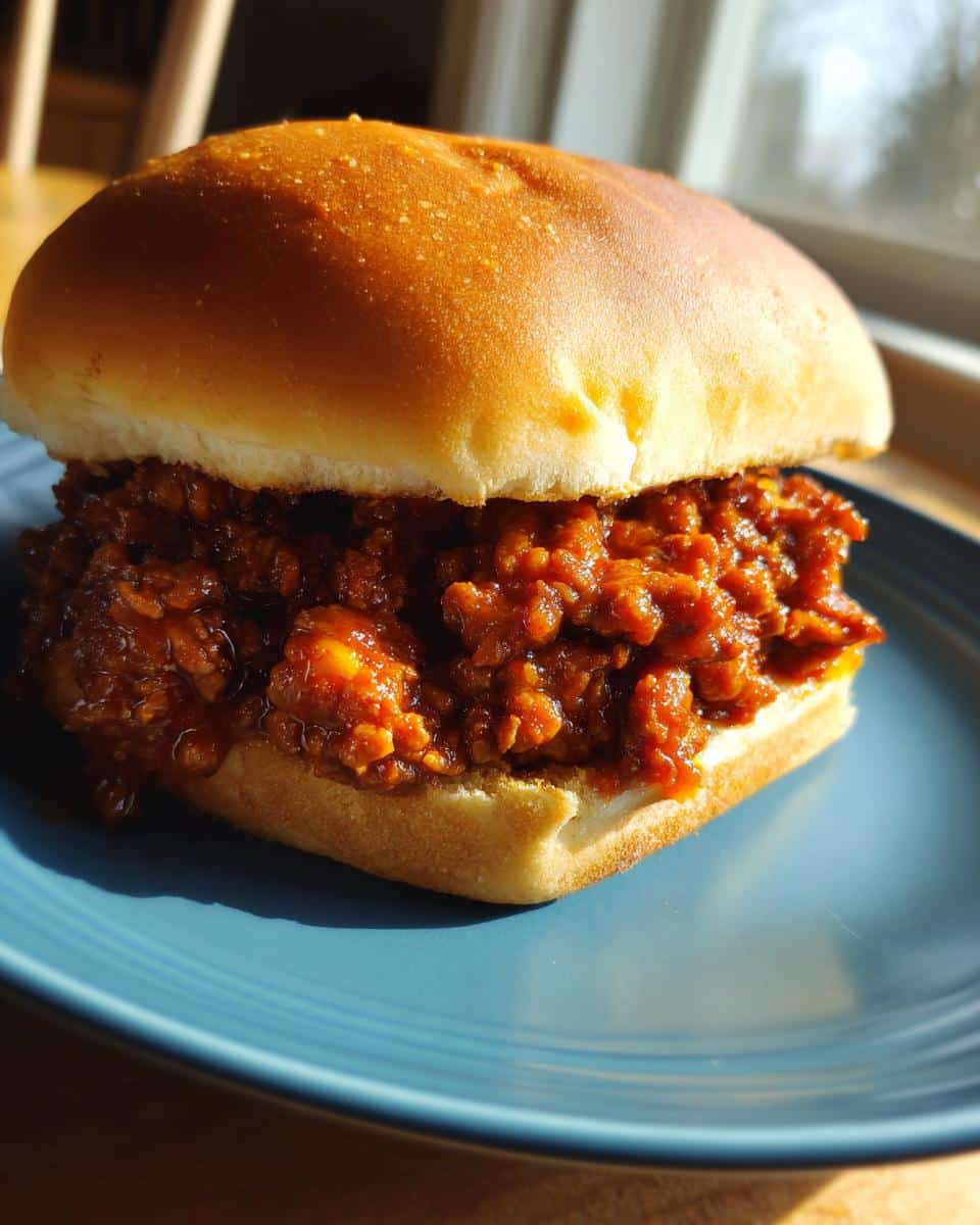 A delicious homemade sloppy joes with tomato sauce on a brioche bun, served on a blue plate.
