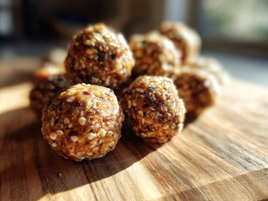 Close-up of Kodiak rolled oats protein balls on a wooden board, showing texture and ingredients.