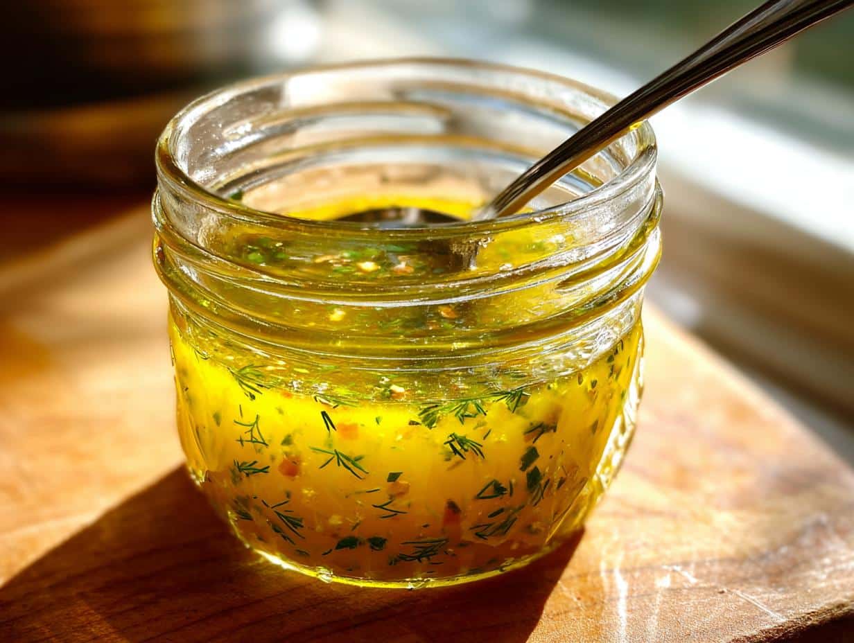 Jar of fresh lemon dill vinaigrette dressing with a spoon, showcasing the vibrant color and herbs.