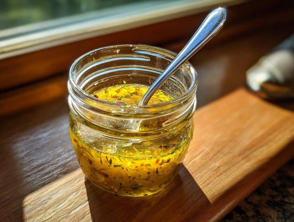 A jar of homemade lemon dill vinaigrette dressing recipe with a spoon, sitting on a wooden surface.