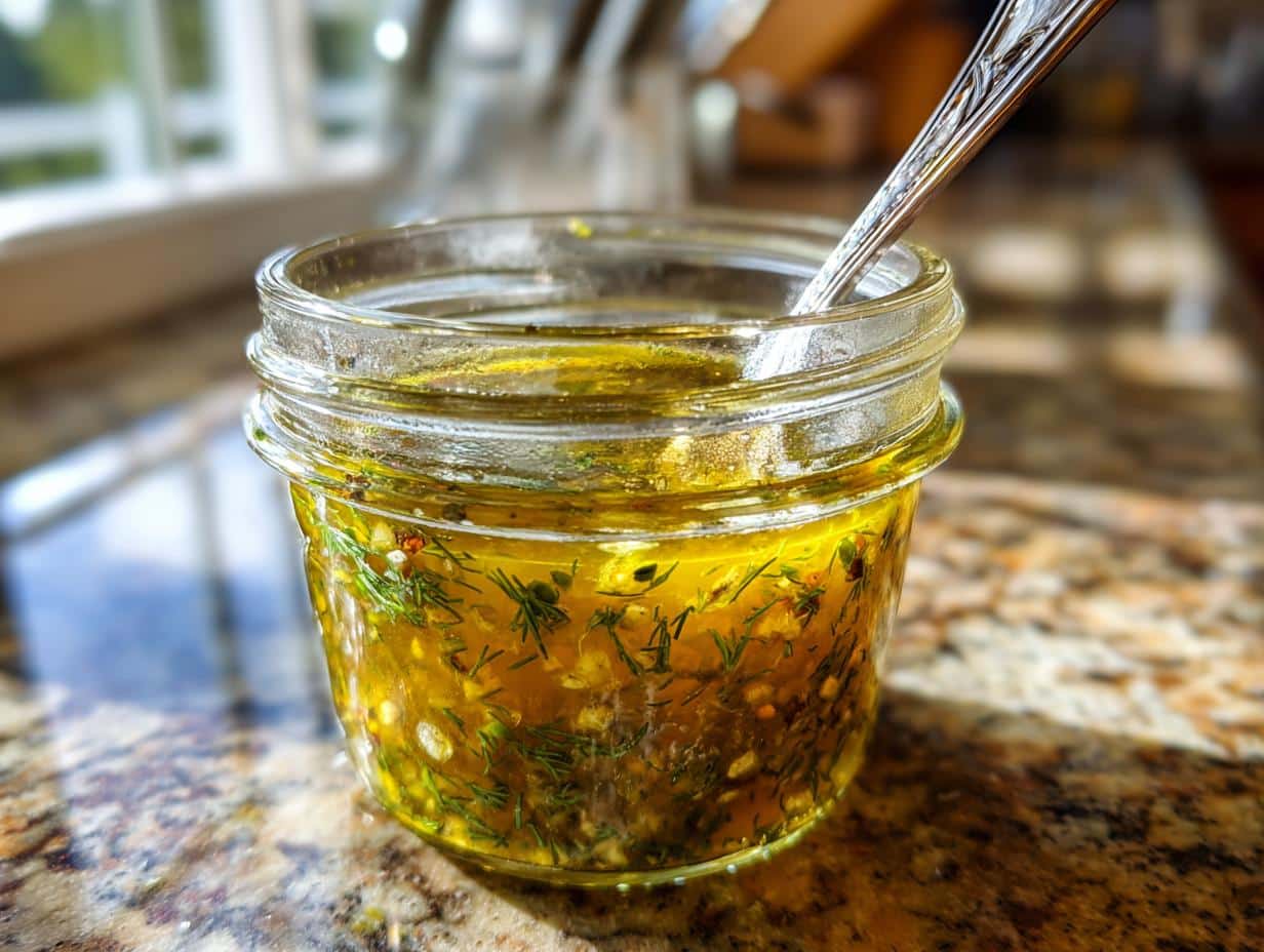 Close-up of lemon dill vinaigrette dressing recipe in a glass jar with a spoon, showcasing the fresh herbs.