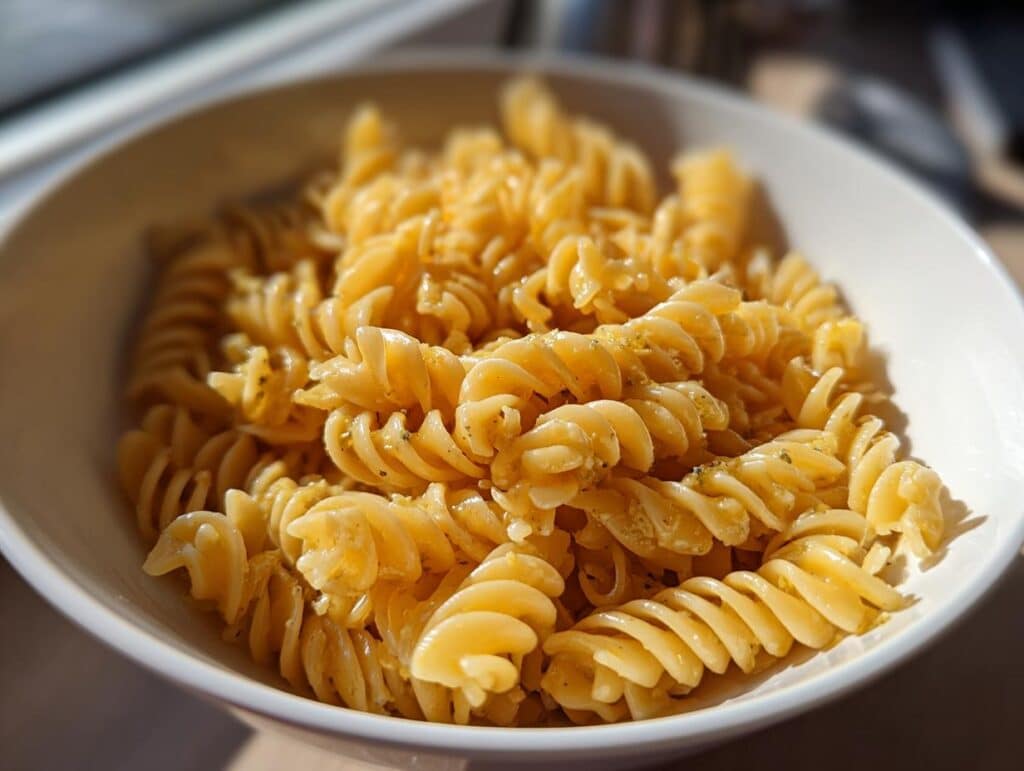 Close-up of pasta salad with lemon vinegarette dressing in a white bowl, ready to serve.