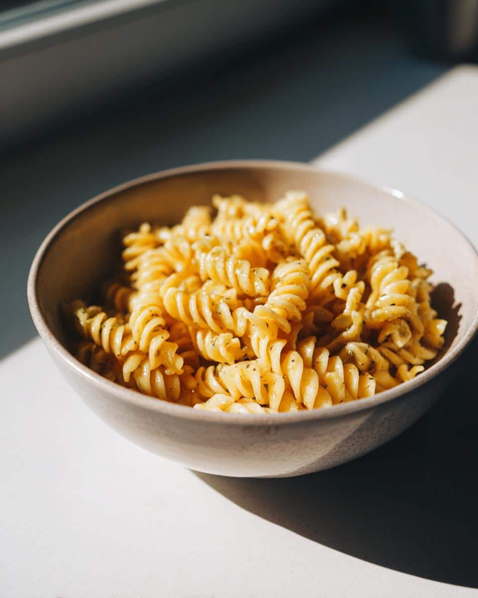 Bowl of pasta salad featuring rotini pasta and a vibrant lemon vinegarette dressing.