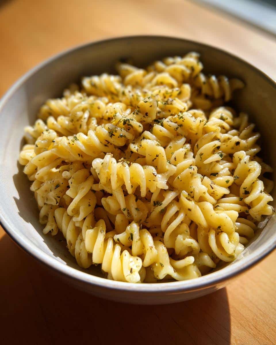 Bowl of pasta salad with a bright lemon vinegarette dressing and fresh herbs.
