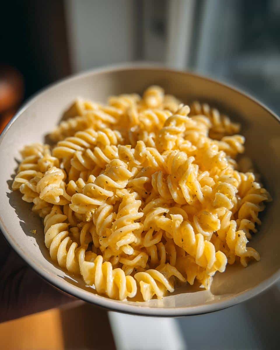 Bowl of pasta salad featuring rotini pasta coated in a creamy lemon vinegarette dressing.