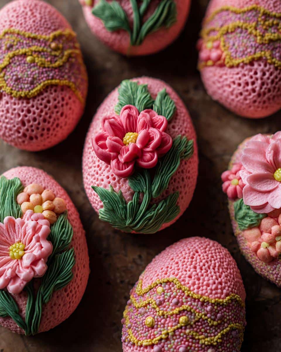 Close-up of pink egg-shaped simple spring decorated cookies with floral designs and textured surfaces.