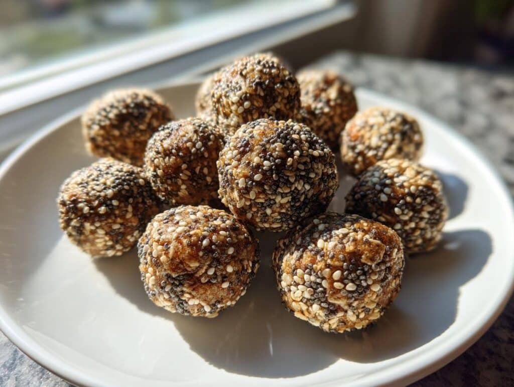 A plate of rolled oats protein balls no peanut butter, coated in seeds.