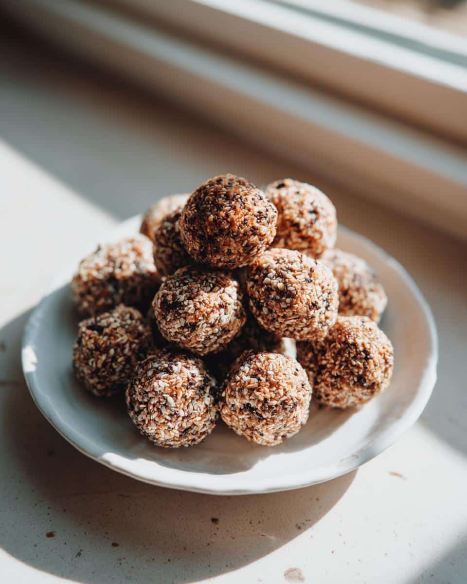 A plate of homemade rolled oats protein balls no peanut butter, illuminated by natural light.
