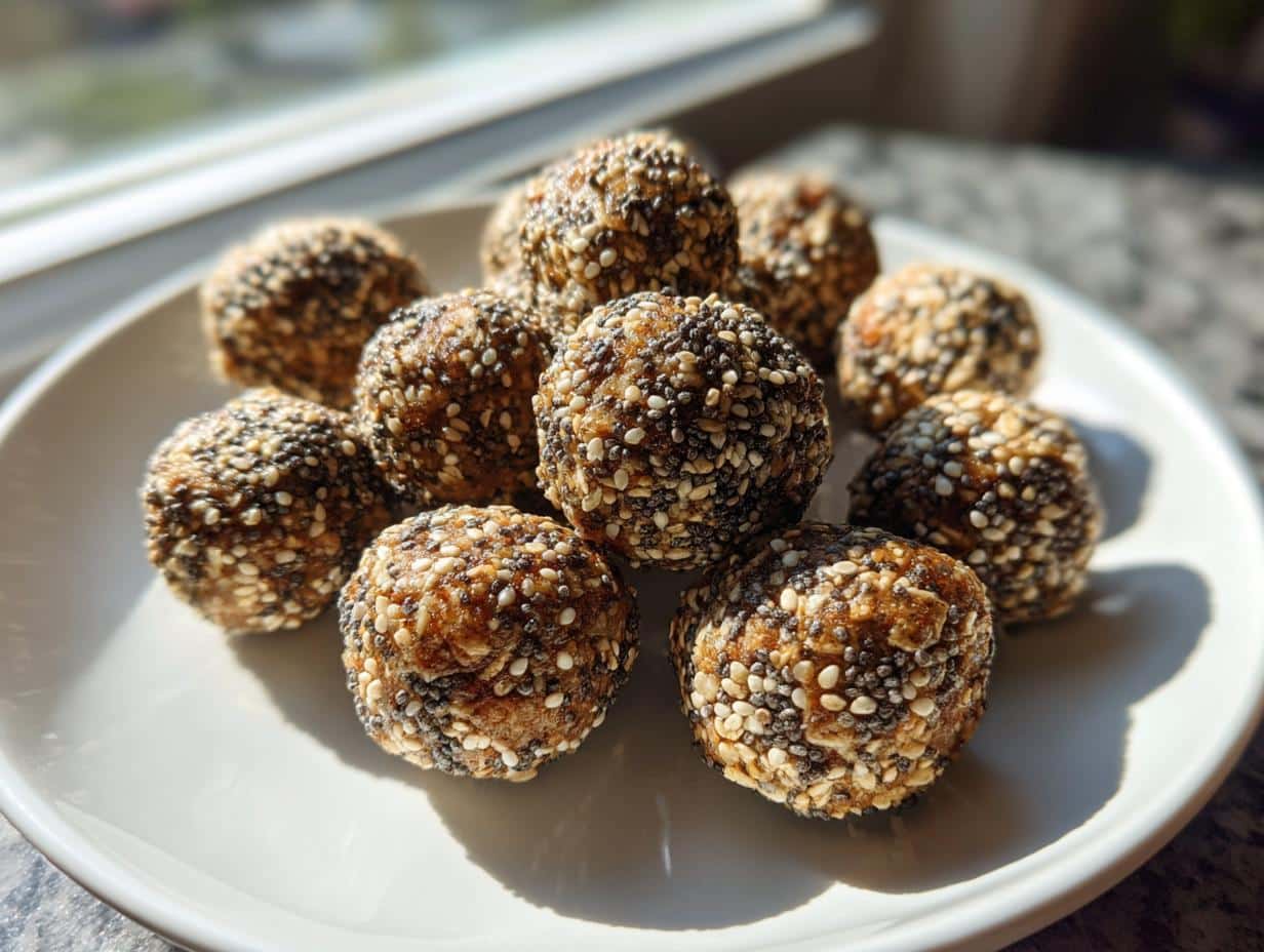 A plate of rolled oats protein balls no peanut butter, coated in seeds.