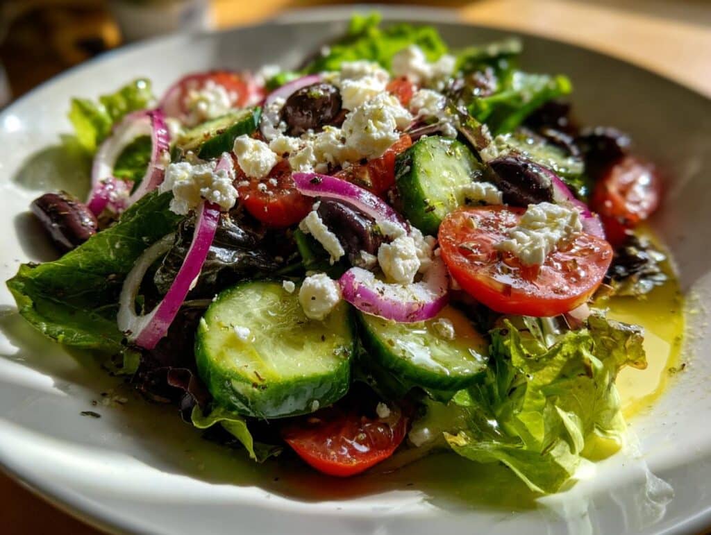 A vibrant salad with lemon vinaigrette, featuring lettuce, tomatoes, cucumbers, red onion, olives, and feta cheese.
