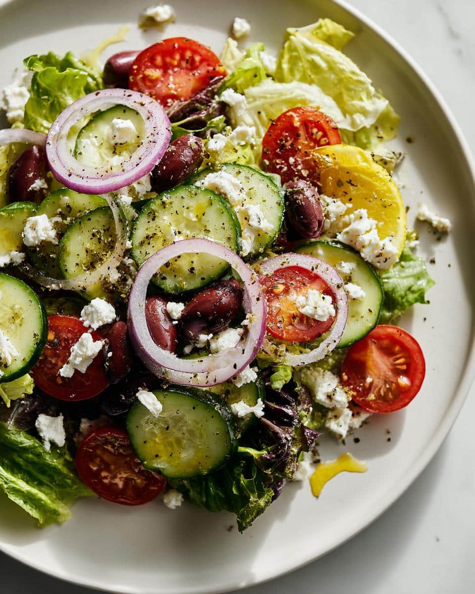 Overhead shot of a vibrant salad with lemon vinaigrette, featuring tomatoes, cucumbers, onions, olives, and feta.