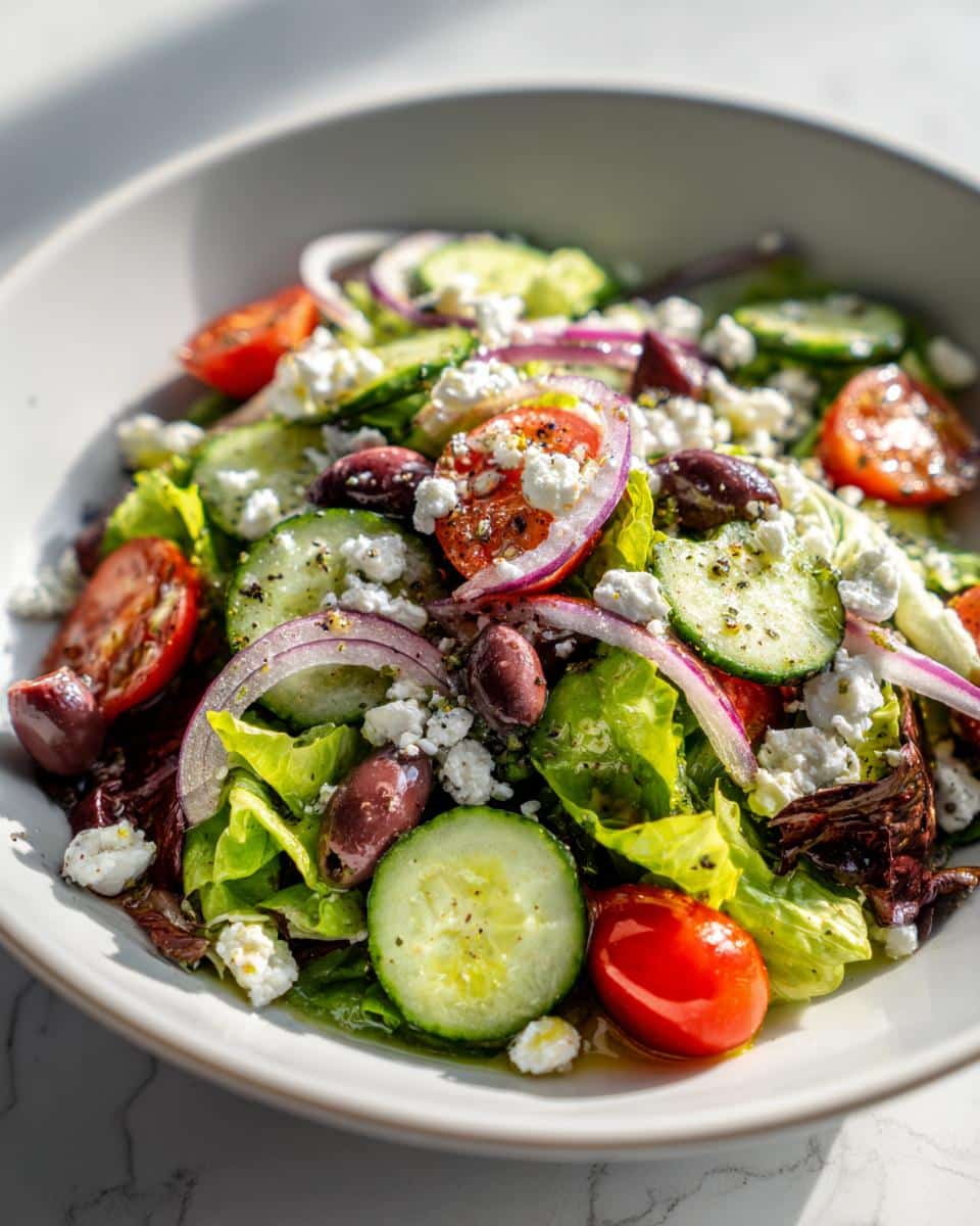 Bowl of fresh salad with lemon vinaigrette, featuring lettuce, tomatoes, cucumbers, olives, red onion, and feta.
