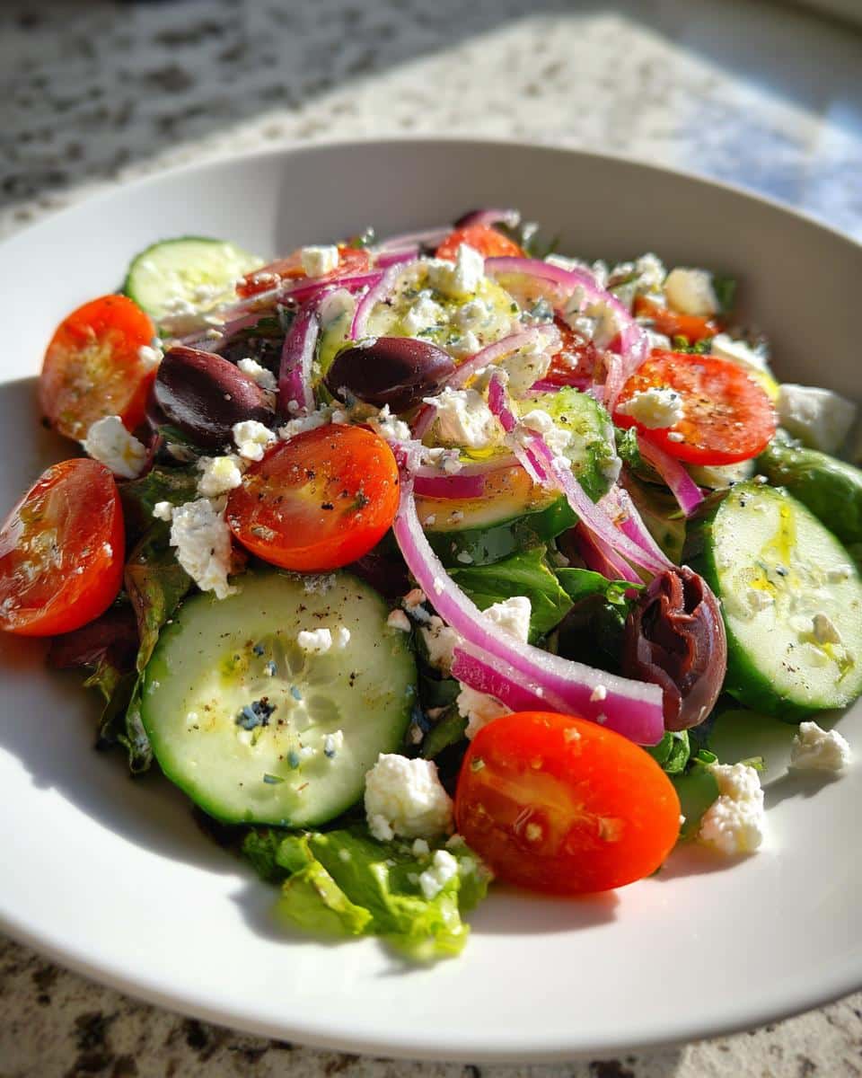 Close-up of a vibrant salad with lemon vinaigrette, featuring tomatoes, cucumbers, red onion, olives, and feta cheese.