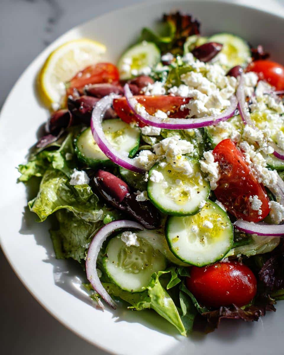 Close-up of a vibrant salad with lemon vinaigrette, featuring cucumbers, tomatoes, feta, red onion, olives, and lettuce.