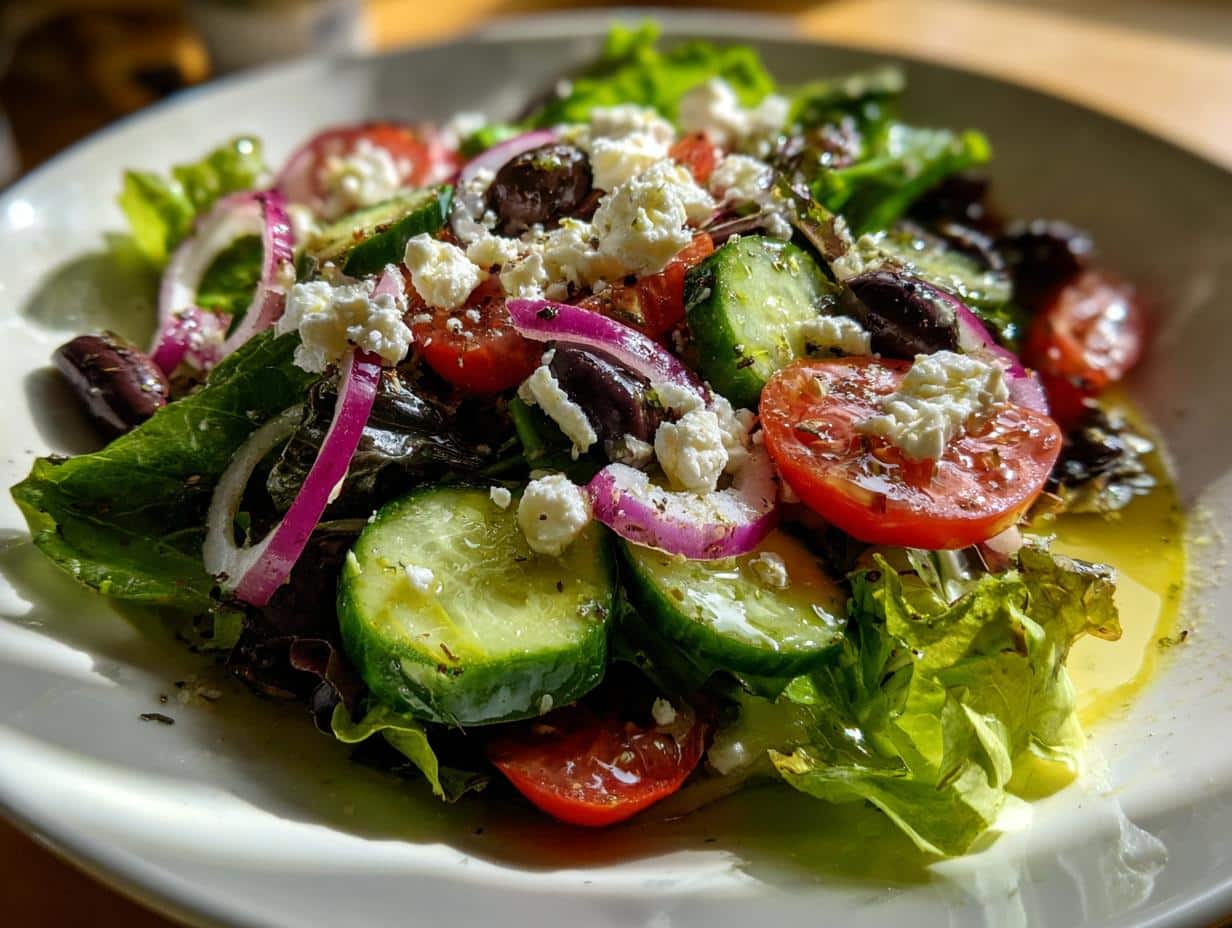 A vibrant salad with lemon vinaigrette, featuring lettuce, tomatoes, cucumbers, red onion, olives, and feta cheese.