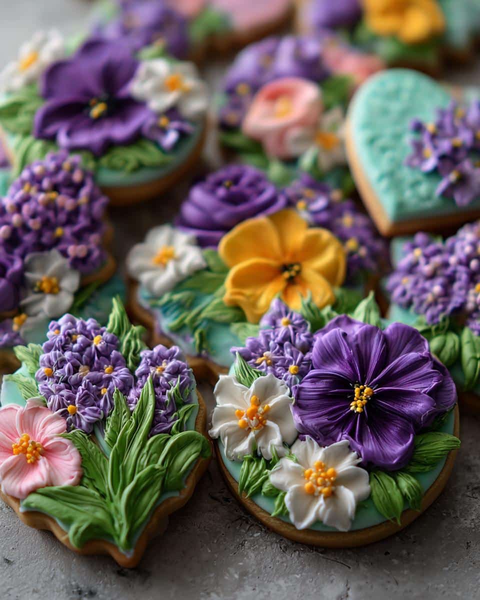 Close-up of simple spring decorated cookies with intricate floral icing designs in various colors and shapes.