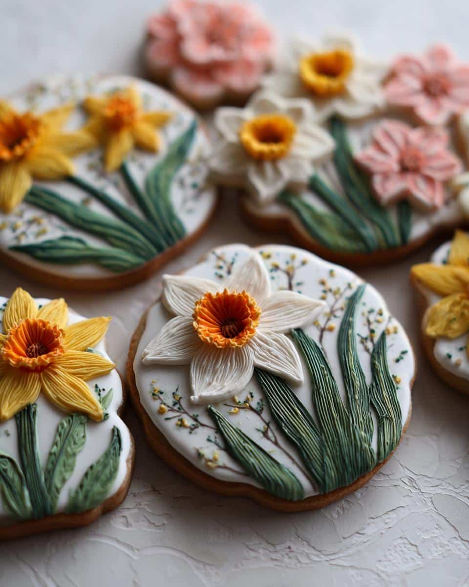 Close-up of simple spring decorated cookies featuring detailed buttercream flowers and leaves on a white icing base.