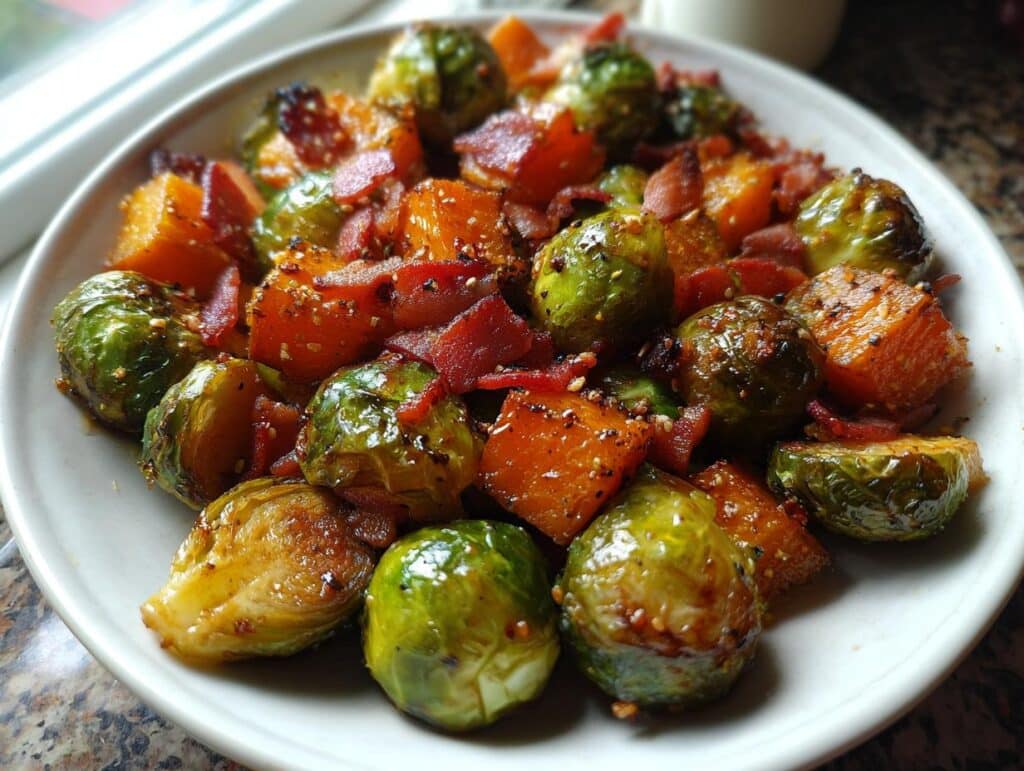 A plate of spicy maple roasted butternut squash & brussels sprouts with crispy bacon.