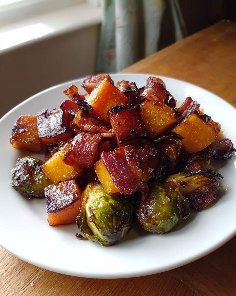 A plate of spicy maple roasted butternut squash & brussels sprouts with crispy bacon.