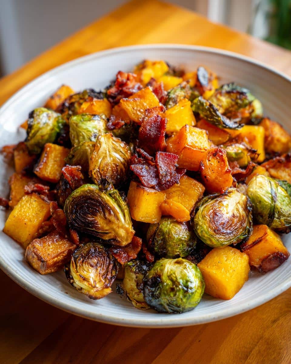 A bowl of spicy maple roasted butternut squash & brussels sprouts with crispy bacon.