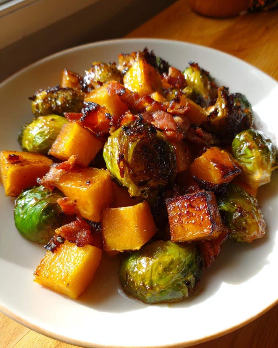 A plate of spicy maple roasted butternut squash & brussels sprouts with crispy bacon.