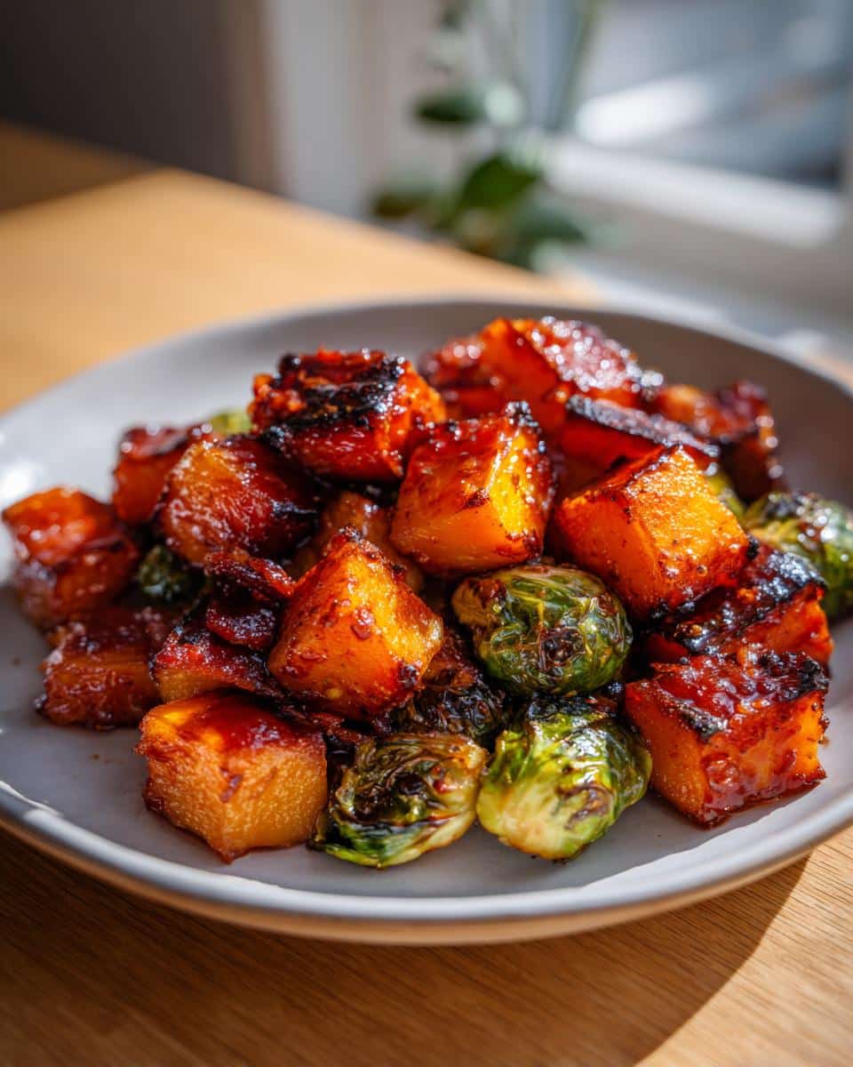 A plate of spicy maple roasted butternut squash & brussels sprouts with crispy bacon, glistening in the sunlight.
