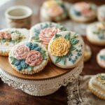 Decorated spring bridal shower cookies with floral designs on a cake stand.