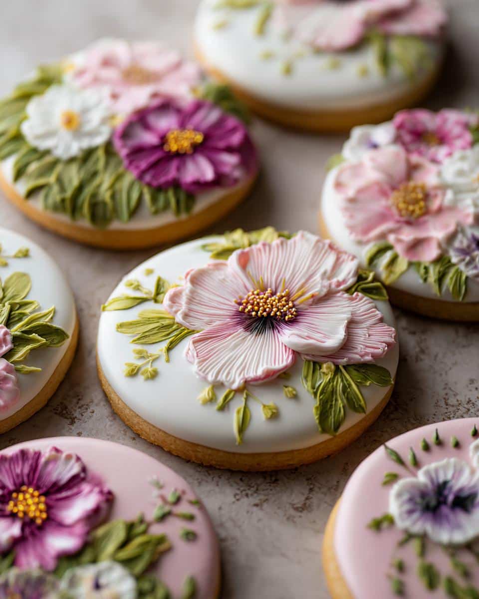 Close-up of spring bridal shower cookies decorated with delicate floral icing and pastel colors.