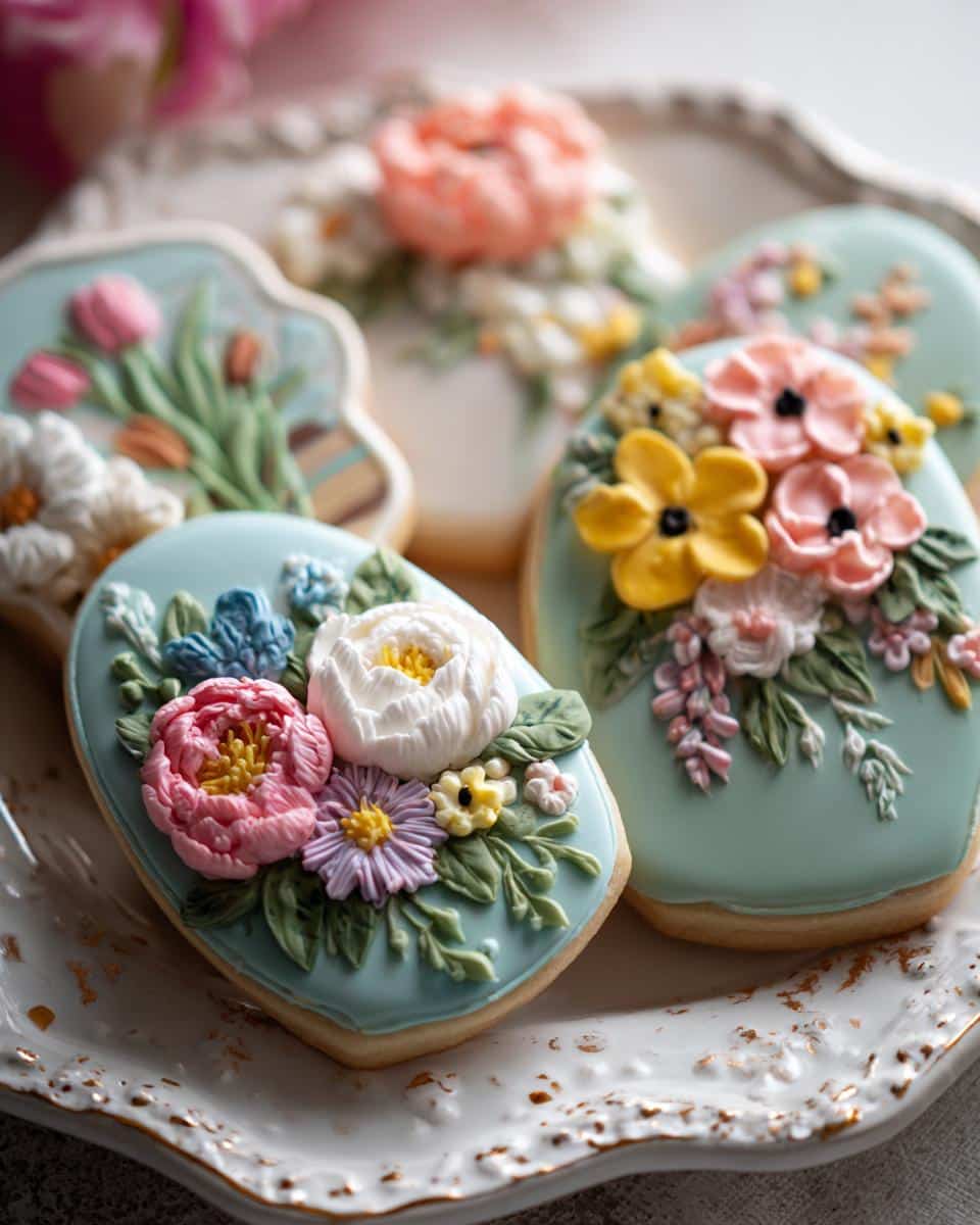 Close-up of spring bridal shower cookies decorated with intricate floral designs on a light blue background.