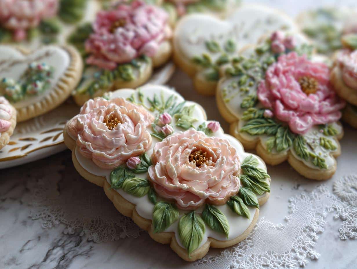 Close-up of spring bridal shower cookies decorated with intricate pink and green floral designs on white icing.