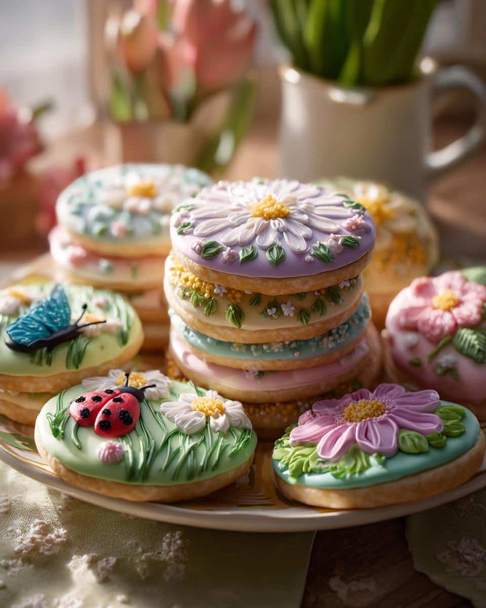 Assortment of beautifully decorated spring cookies decorated circle with floral and insect designs on a plate.