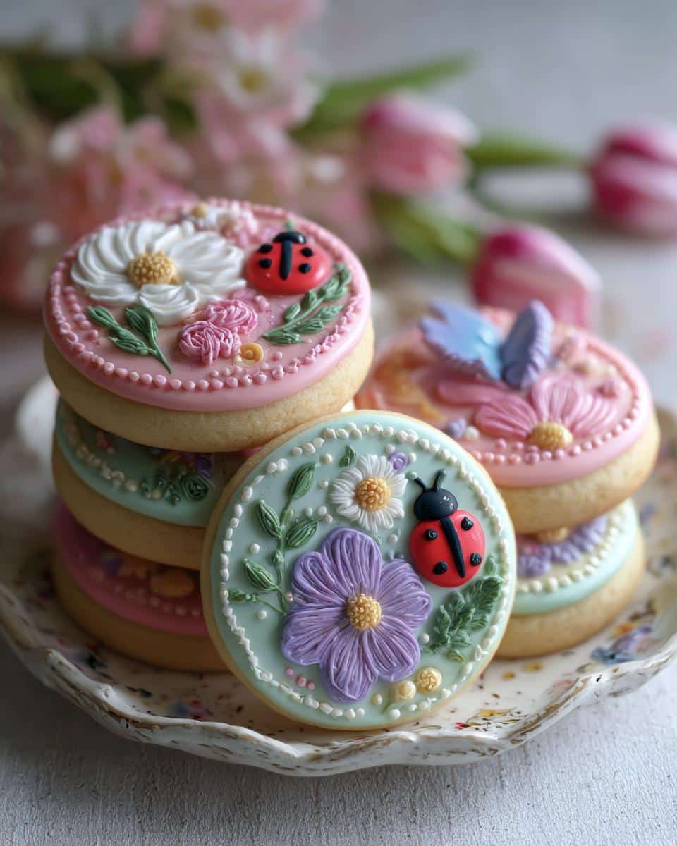 A stack of beautifully decorated spring cookies decorated circle with flowers, ladybugs, and pastel icing on a decorative plate.