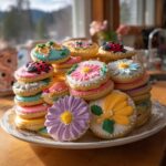 A stack of colorful spring cookies decorated circle with flowers, ladybugs, and butterflies on a white plate.