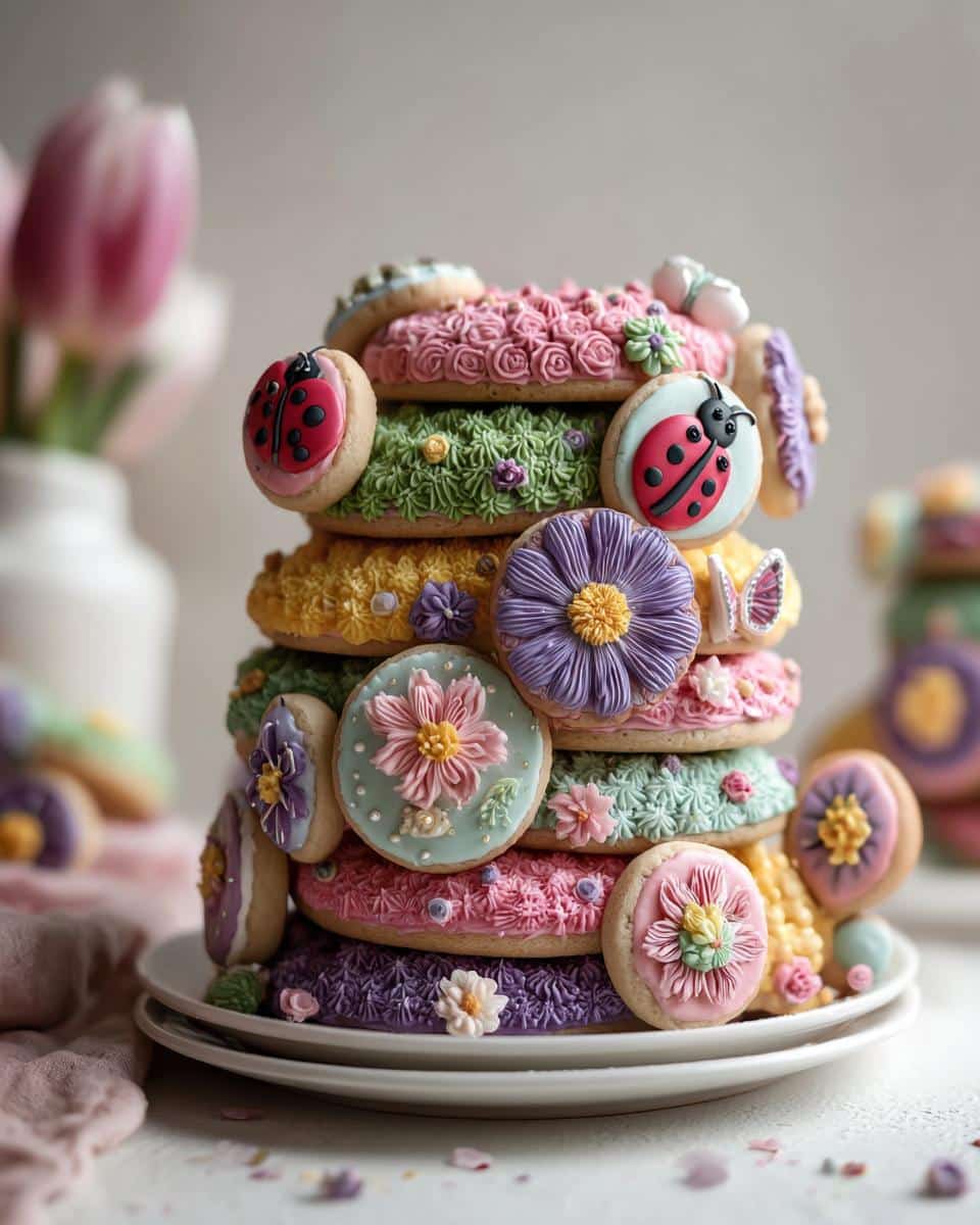 A stack of beautifully decorated spring cookies decorated circle shapes with floral and ladybug designs.