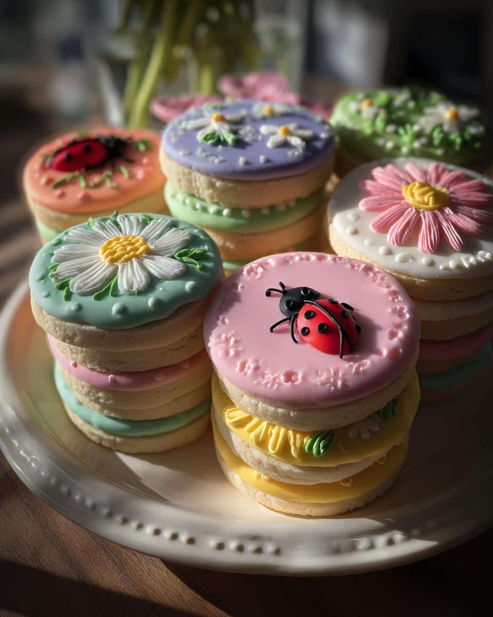 Stacks of colorful spring cookies decorated circle with flowers and ladybugs on a white plate.
